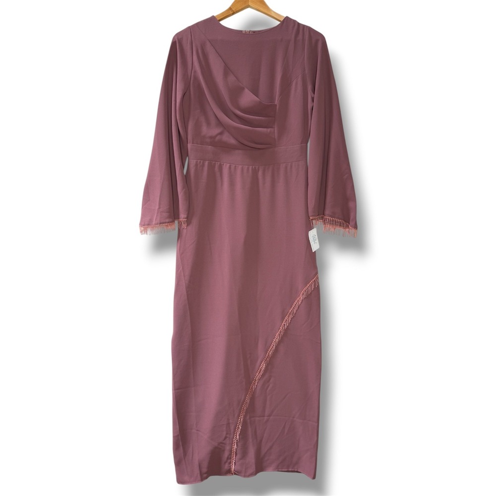 Hayat Modest Boutique Mauve Beaded Fringe Draped Evening Dress Formal‎ S Small